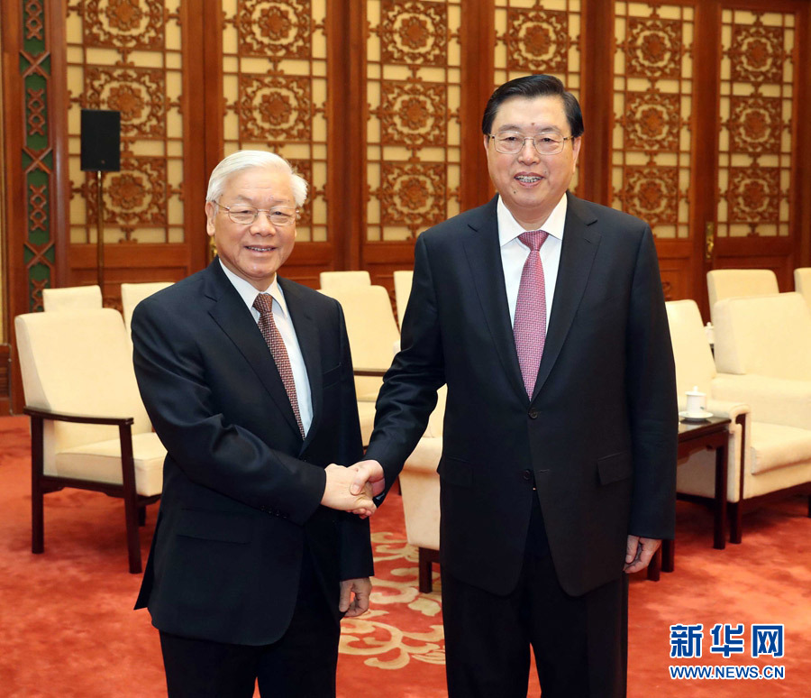 1月13日，中共中央政治局常委、全國人大常委會委員長張德江在北京人民大會堂會見越共中央總書記阮富仲。 新華社記者 劉衛(wèi)兵 攝