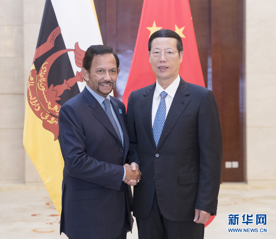 9月11日，中共中央政治局常委、國(guó)務(wù)院副總理張高麗在廣西南寧會(huì)見(jiàn)前來(lái)出席第十四屆中國(guó)－東盟博覽會(huì)和中國(guó)－東盟商務(wù)與投資峰會(huì)的文萊蘇丹哈桑納爾。新華社記者王曄攝