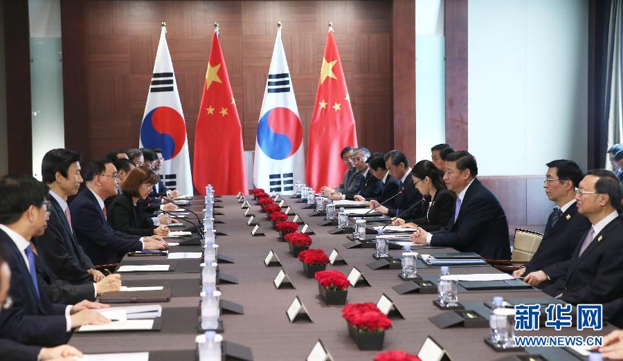7月4日，國家主席習(xí)近平在首爾會見韓國總理鄭烘原。 新華社記者謝環(huán)馳攝 