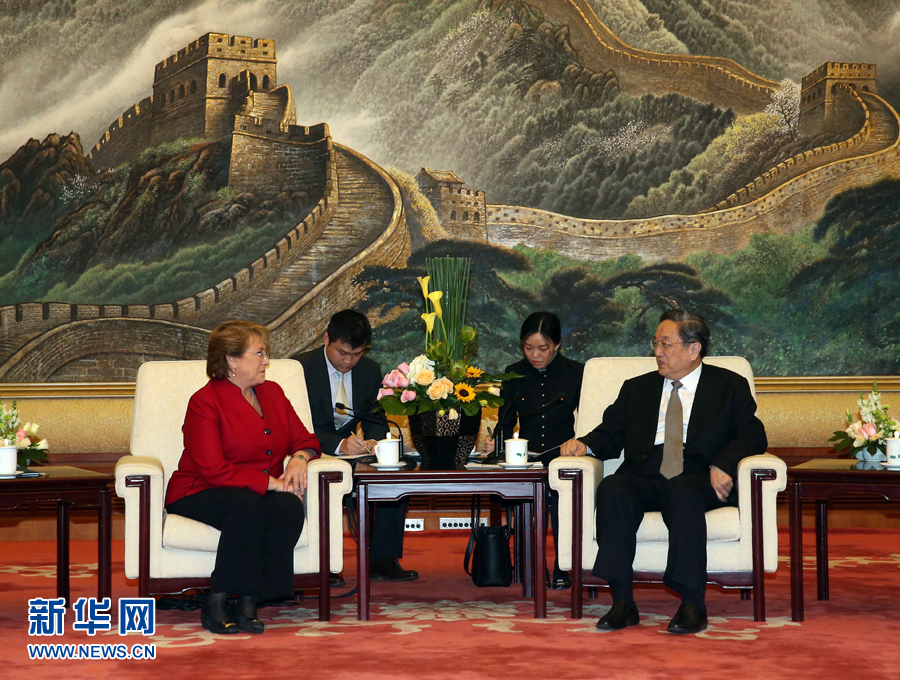 11月11日，全國(guó)政協(xié)主席俞正聲在北京人民大會(huì)堂會(huì)見智利總統(tǒng)巴切萊特。 新華社記者 劉衛(wèi)兵 攝