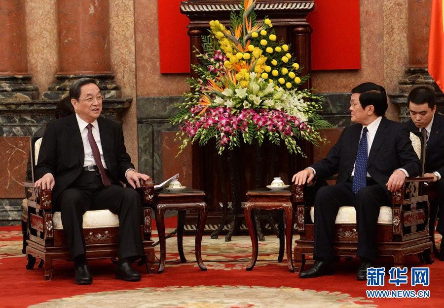 12月25日至27日，中共中央政治局常委、全國政協(xié)主席俞正聲對越南進(jìn)行正式訪問。這是12月26日，俞正聲在河內(nèi)會(huì)見越南國家主席張晉創(chuàng)。 新華社記者劉建生攝