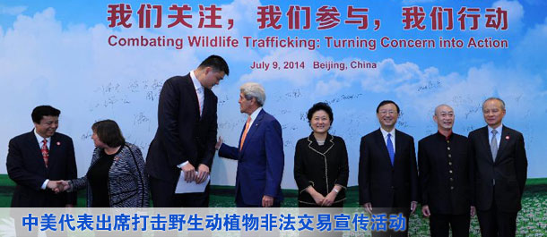 劉延?xùn)|、楊潔篪同美國國務(wù)卿克里共同出席中美打擊野生動植物非法交易宣傳活動（圖）